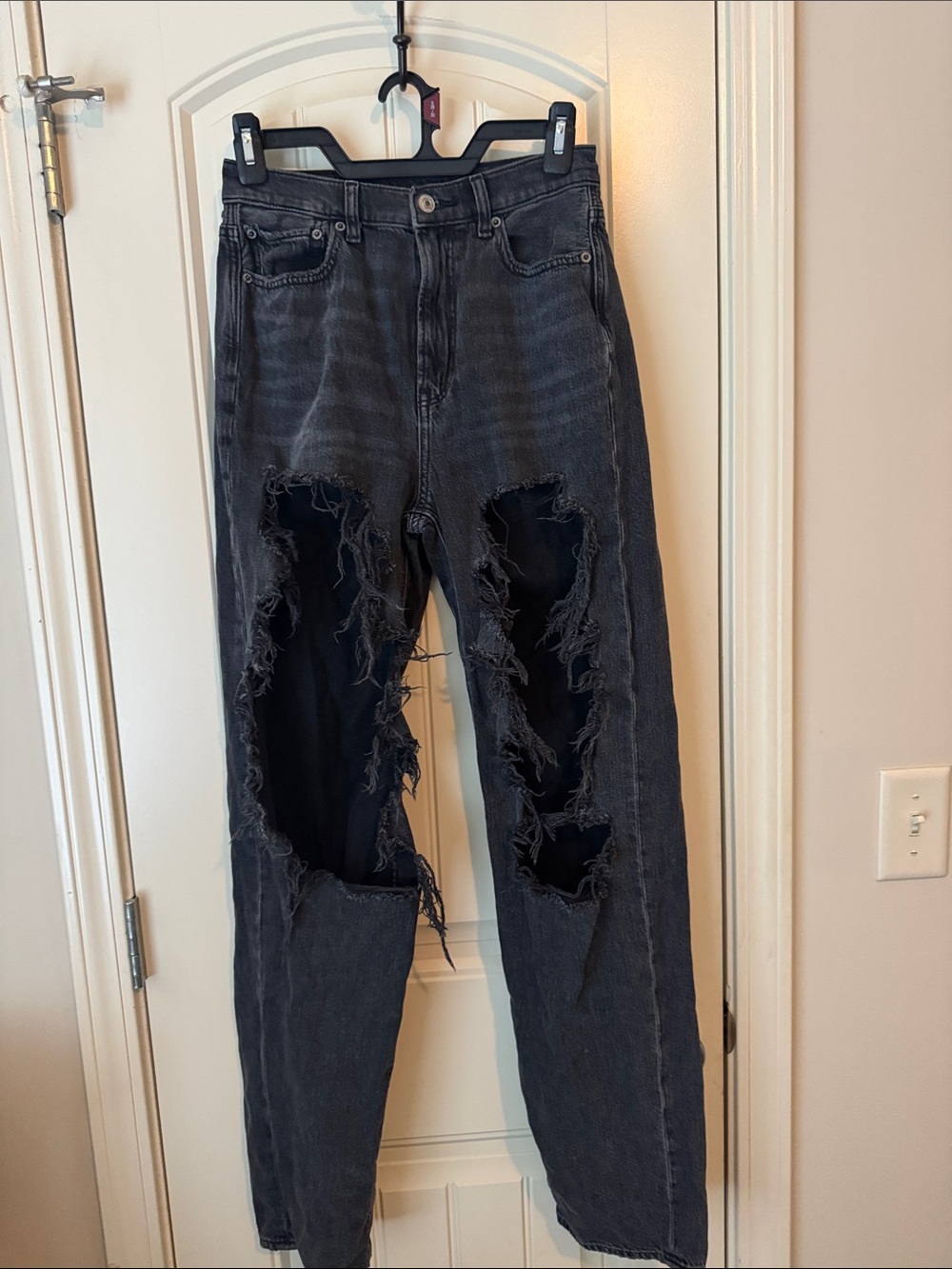 American Eagle Outfitters Washed Black Distressed Straight Leg Jeans